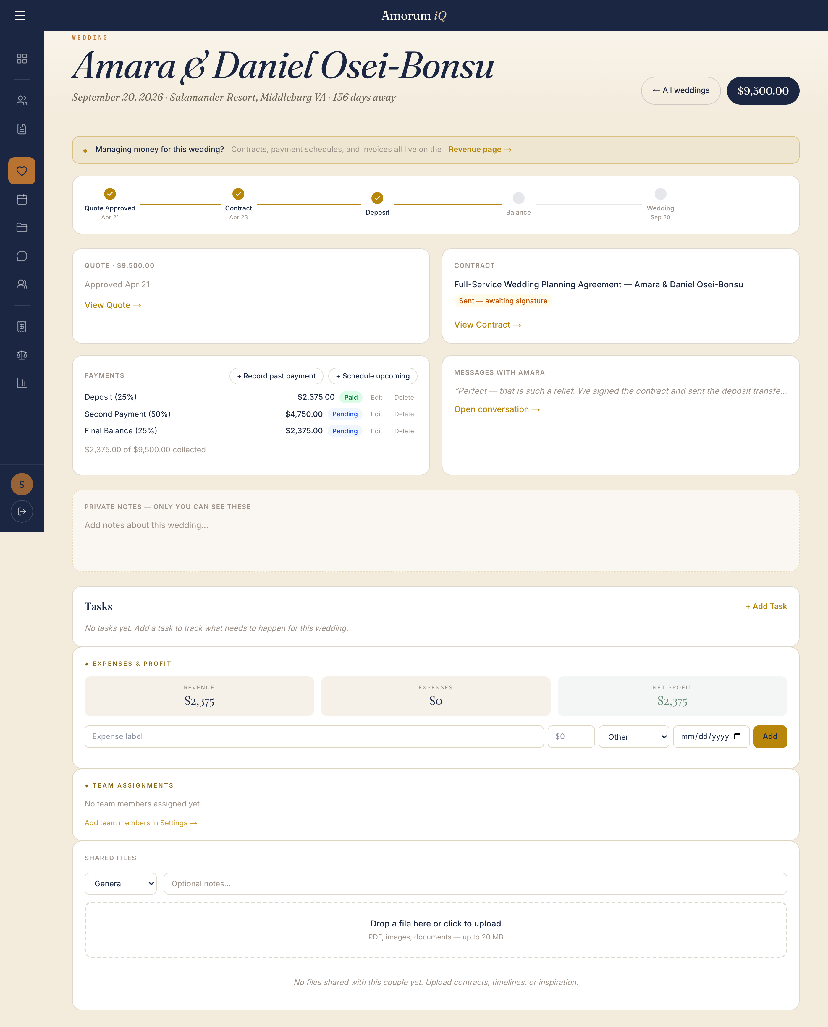 Amorum iQ booking detail page for a booked wedding