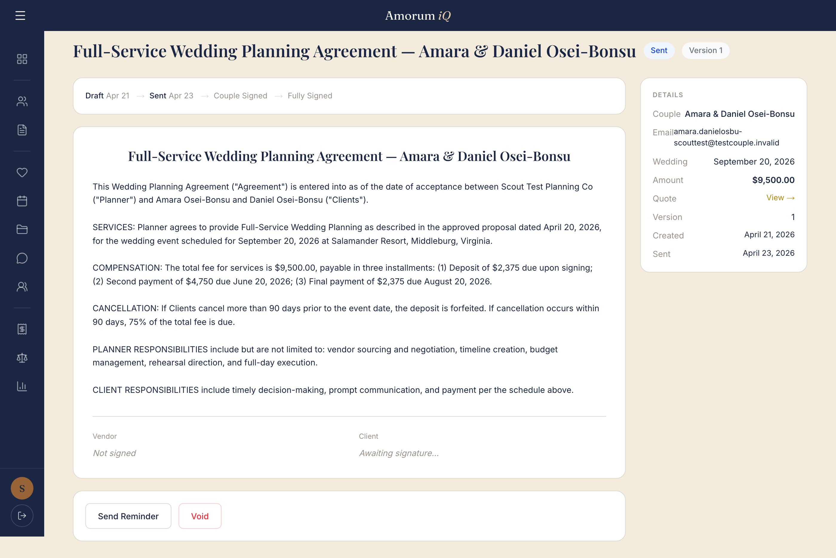 Amorum iQ contract detail in sent status awaiting signature