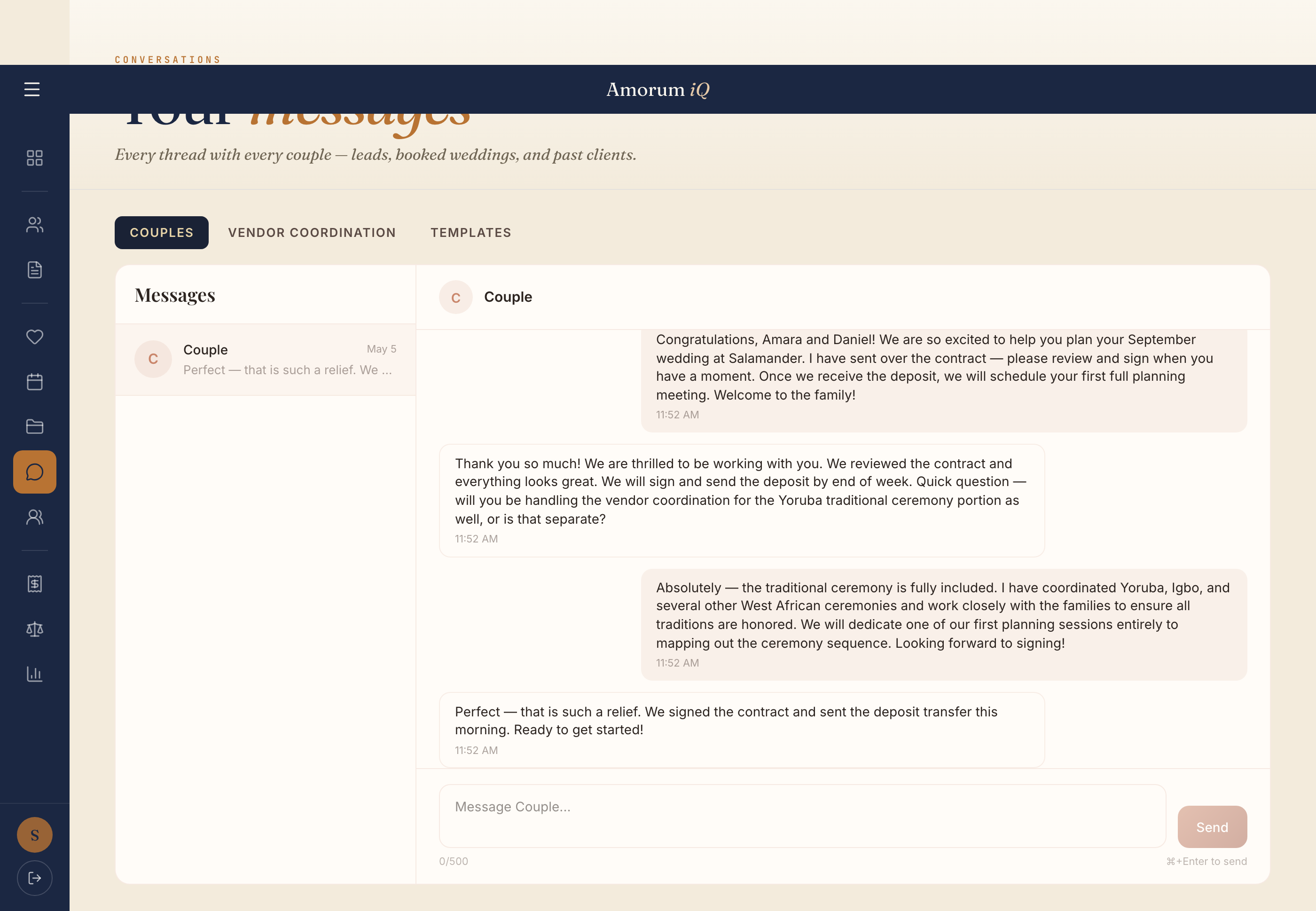 Amorum iQ couple messaging thread