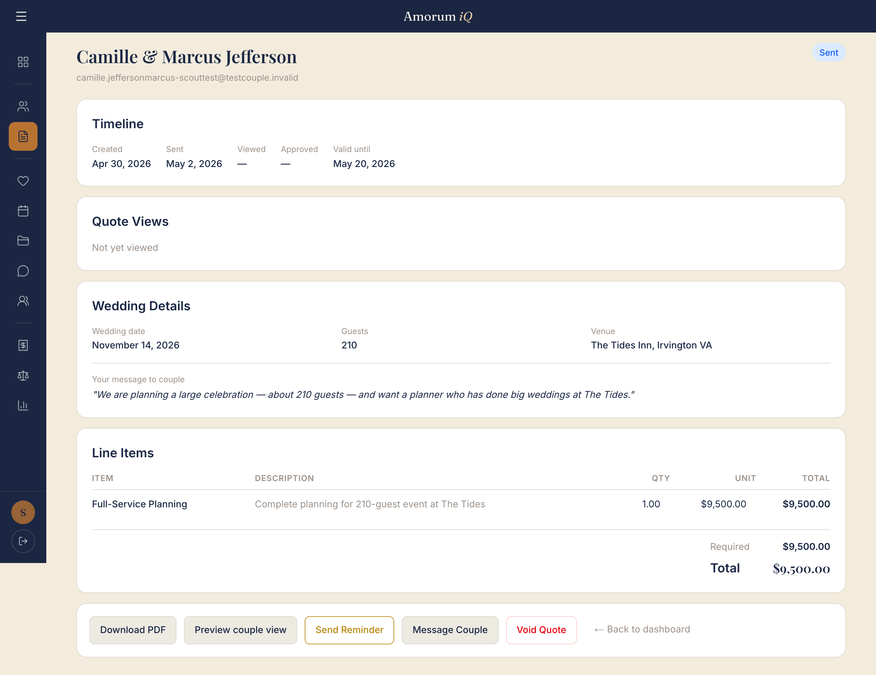 Amorum iQ quote builder showing a sent quote